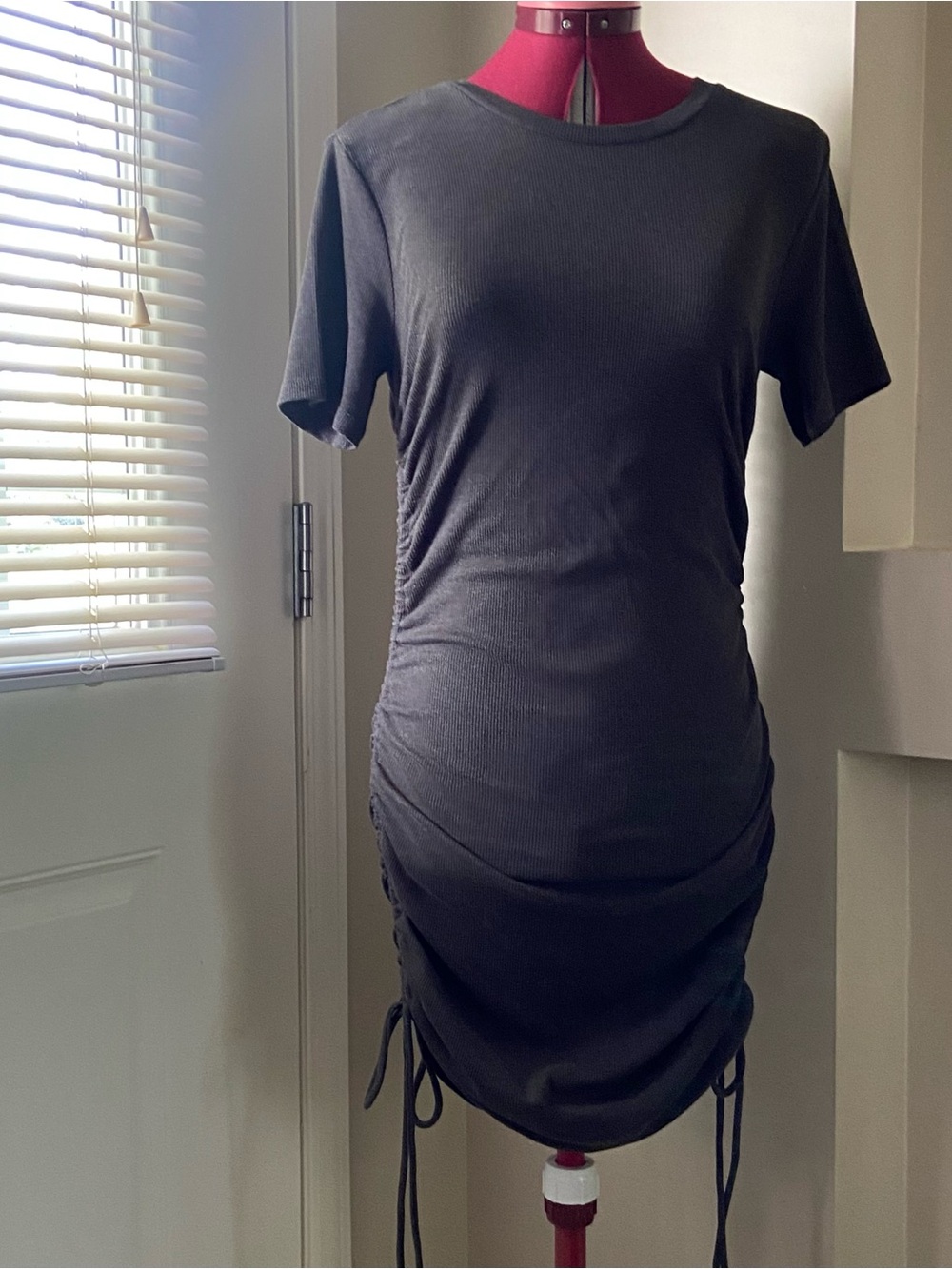 Zara Ribbed Charcoal Gray Tee Ruched Mini Dress